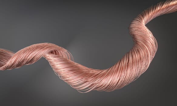 Copper wire forming an elegant spiral  dark background 3d