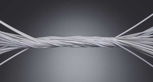 steel  cables merging and twisting into one big dark background 3d