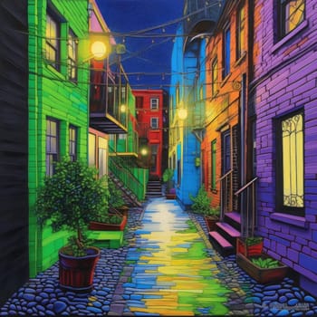 Street with colorful houses in the evening - digital painting in oil
