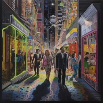 Digital painting of people walking in a shopping street in a big city