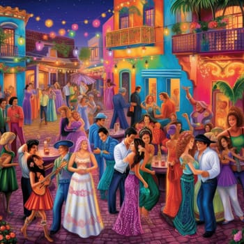 Cartoon scene with traditional Mexican people dancing and singing in the street