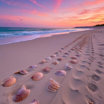 Seashells on the beach at sunset - beautiful natural background