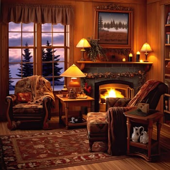 Interior of the living room with fireplace and armchair - 3D render