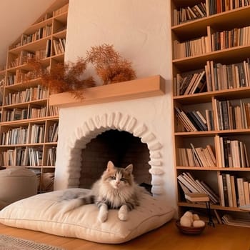 Cute cat sitting near the fireplace in the living room at home