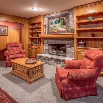Cozy living room with fireplace and armchairs - 3D rendering