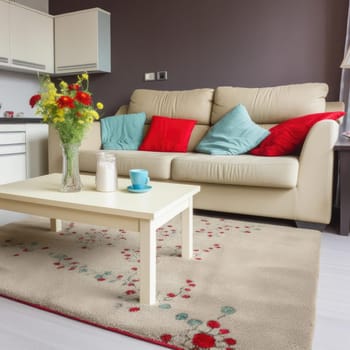 Modern living room with sofa, coffee table and flowers in vase