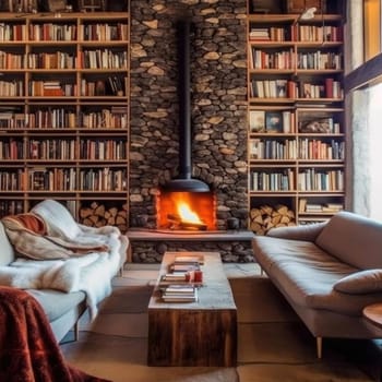 Interior of a cozy living room with fireplace and bookshelves