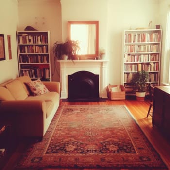 Living room with fireplace and armchair, vintage toned image