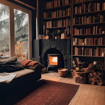 Cozy living room with fireplace, comfortable sofa and bookshelves