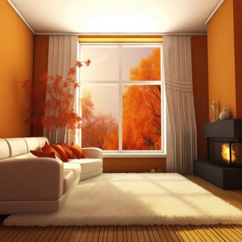 Interior with sofa and fireplace - 3D render illustration
