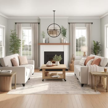 Modern living room interior design - 3D render illustration mock up