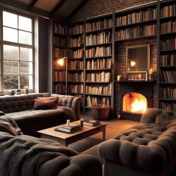 Interior of a living room with a fireplace and bookshelves