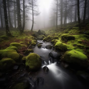 Foggy forest stream in the woods - long exposure image
