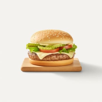 Big hamburger on a wooden board isolated on white background - 3D illustration
