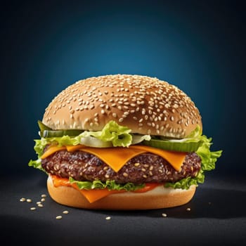 Big tasty hamburger with cheese, lettuce, tomato and onion on dark background