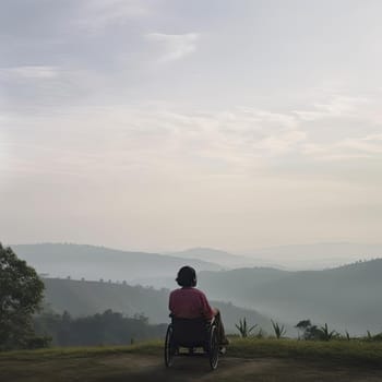 Silhouette of a woman sitting in a wheelchair on the mountain