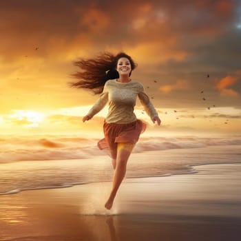 Happy young woman jumping on the beach in sunset time - freedom concept