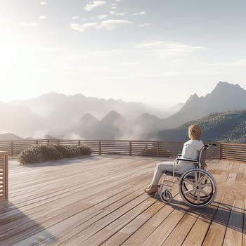 Young disabled man in wheelchair on wooden terrace - 3D rendering