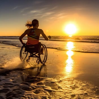 Young woman in a wheelchair on the beach at sunset, silhouette