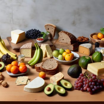 Assortment of cheese and fruits on wooden table - healthy eating concept