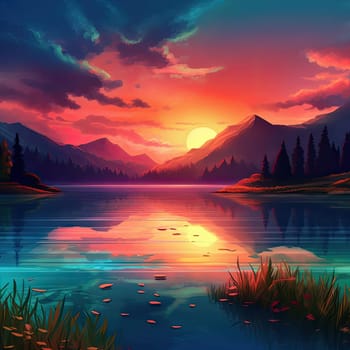 Sunset over mountain lake with reflection in water - vector illustration