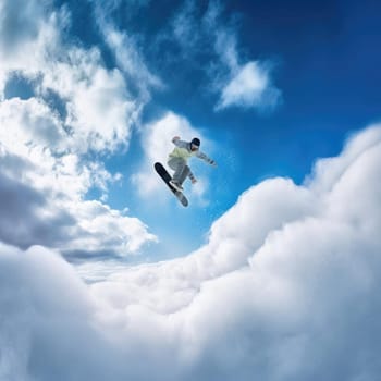 Flying snowboarder on blue sky with clouds - extreme sport