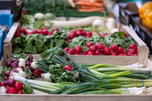 Fresh radishes and green onions arranged in wooden crates at a farmers market. A great visual for organic produce, healthy nutrition, and farm-to-table concepts