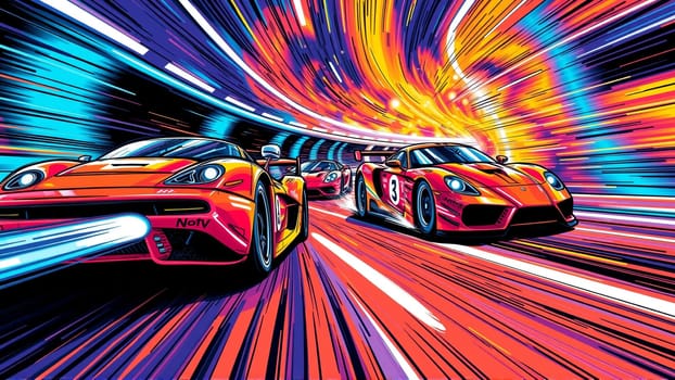 Red cars participate in races. Image of speed on a race track. High quality photo