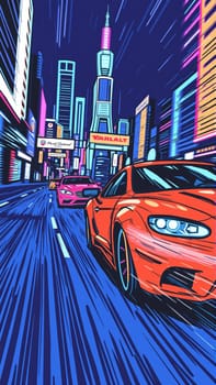 Red cars participate in races. Image of speed on a race track. High quality photo