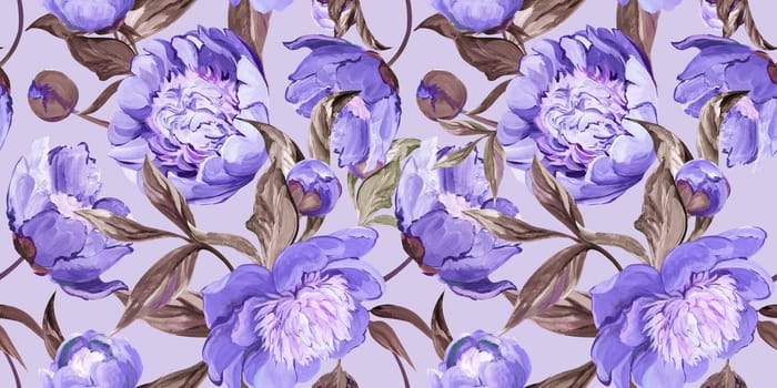 Botanical seamless pattern with peonies and sakura branches drawn in gouache for textile and design