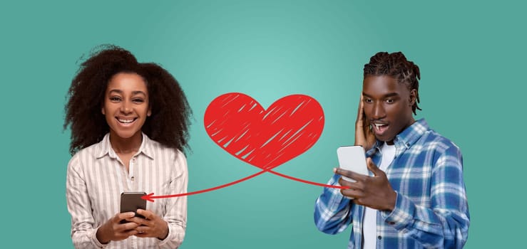 A couple shares affectionate moments on Valentine's Day, joyfully texting each other heartfelt messages through their smartphones while celebrating their love and connection.
