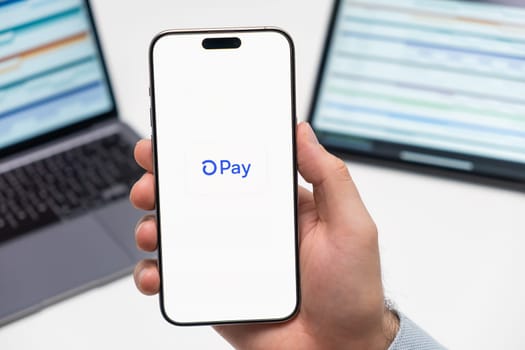 PRAGUE, CZECH REPUBLIC - JANUARY 21 2024: Pay logo on the screen of smartphone in mans hand on the workplace background.