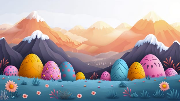 A whimsical illustration of decorated Easter eggs is set against a picturesque mountain backdrop with a soft pastel sky at dawn, surrounded by lush greenery and flowers - Generative AI