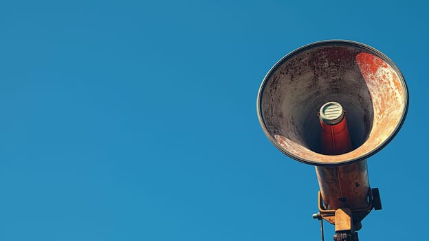 A rusted loudspeaker mounted on a post stands against a vibrant blue sky, showcasing its weathered texture and design, suggesting outdoor use for announcements or music - Generative AI