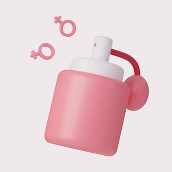 Feminine Perfume Spray Bottle with Gender Icon. for International Women's Day,3D illustration. Feminism, independence, freedom, empowerment, activism for women rights..