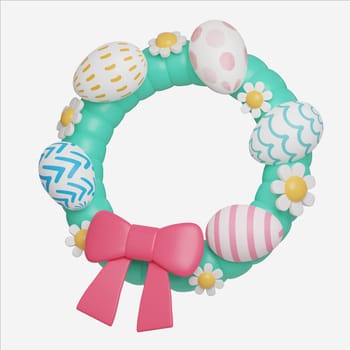 Floral Easter Egg Wreath with Pink Bow, Easter Egg icons. 3D Illustration Easter festive..