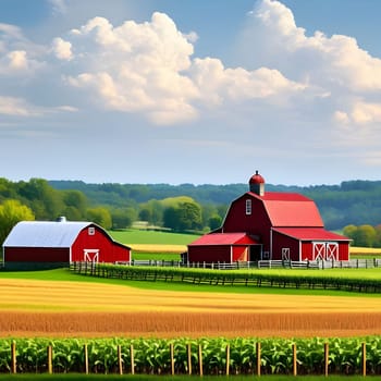 Farm life nature green grass yellow house village field work summer day opendoor generated ai alt . High quality photo
