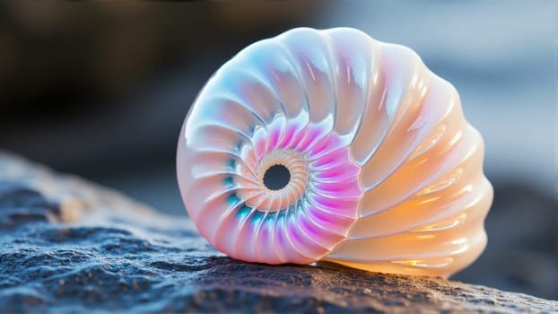 A shell with a pink and purple swirl pattern sits on a rock. The shell is a beautiful and intricate design, with a unique and eye-catching pattern. Concept of natural beauty and wonder