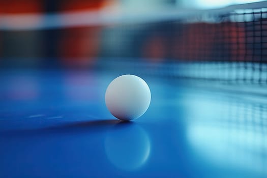 White ping pong ball lies on a blue table with a net. Table tennis background.