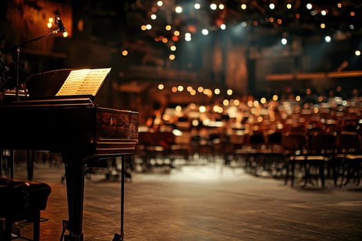 A piano on a small stage in a private club before a concert. Empty seats in the background.