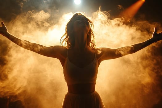Silhouette of woman feeling joy in the clubs of light smoke