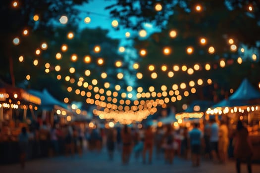 Abstract blurred image of garland and lights on the street of the night city. Blurred background of the street festival.