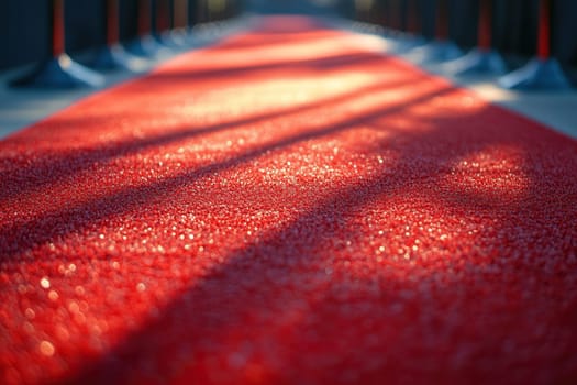 Close-up of the red carpet for celebrities and guests of an expensive event. Wide panoramic rope fence with metal posts. Sun light
