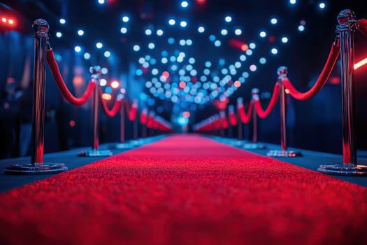 Red carpet at a film festival with a blurred blue lights background. cinematic style