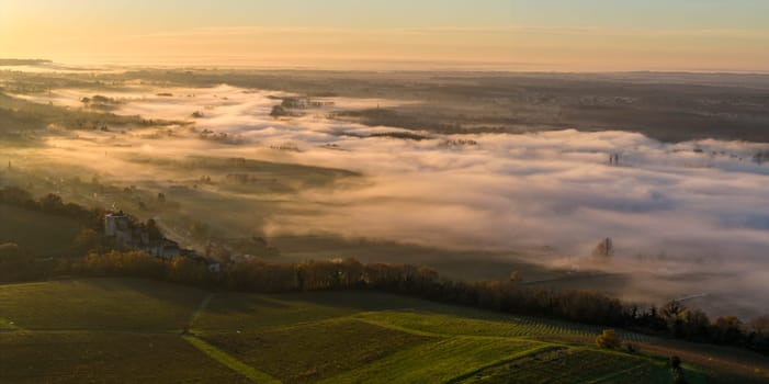 France, Gironde, Langoiran, Aerial view of Premieres Cotes de Bordeaux vineyard in Entre-Deux-Mers, Bordeaux vineyard at sunrise with fog over the Garonne river. High quality photo