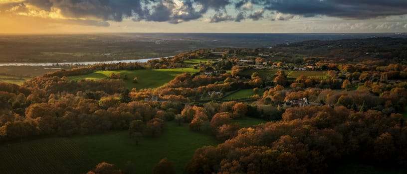 France, Gironde, Tabanac, Aerial view of the vineyard and wooded areas of Chateau le Pic in the Bordeaux vineyards at sunset. High quality photo