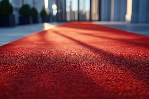 Close-up of red carpet illuminated by sun at hotel entrance.