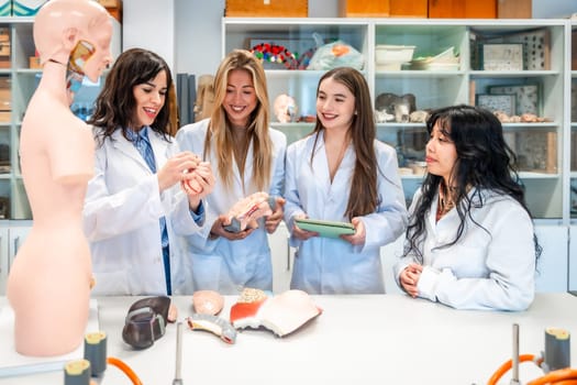 Four smiling female medical students examining anatomical models in a university laboratory, learning about human body systems