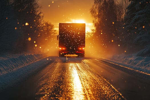 Rear view of a truck with a tarpaulin semi-trailer transporting cargo on the highway in the evening with headlights on against the sunset.