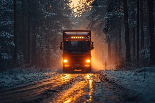 Red truck with headlights on highway surrounded by forest in winter time. Business, commerce, cargo transportation concept.